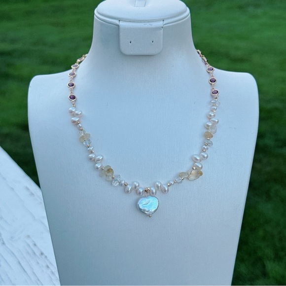 Handmade Jewelry - X596 Handmade Freshwater Baroque Pearl Citrine Necklace with Heart Pendant